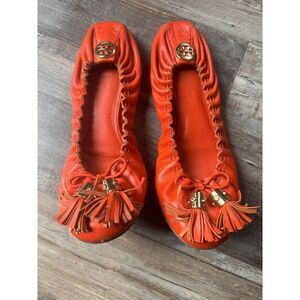 Tory Burch Flats Women's Size 7.5M Reese Tassel Scrunch Ballet‎ Orange Leather